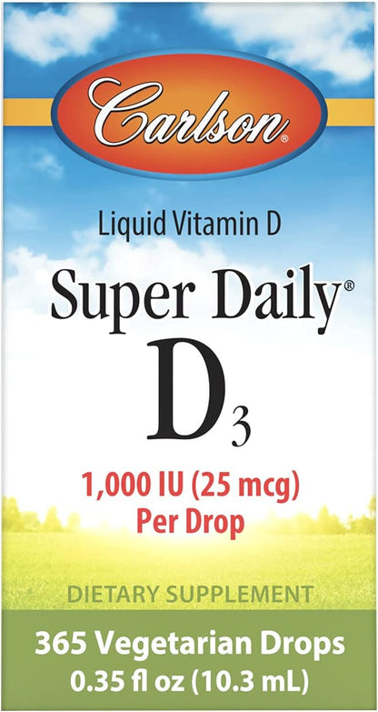 Carlson - Super Daily D3, Vitamin D Drops, 1,000 IU (25 mcg) per Drop, 1-Year Supply, Vitamin D3 Liquid, Heart & Immune Health, Vegetarian, Liquid Vitamin D3 Drops, Unflavored, 365 Drops