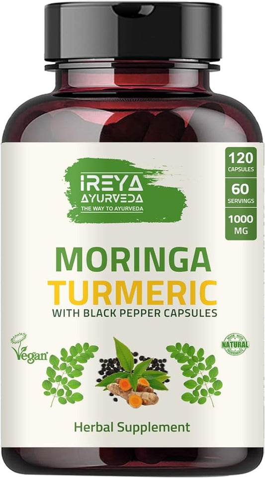 Organic Moringa Oleifera Powder & Turmeric Root Powder with Blackpepper 120 Capsules | Made with Organic Moringa, Turmeric and Black Pepper | Vegan, Gluten-Free and Non-GMO.