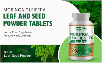 Moringa Oleifera Leaf and Seed Powder (80:20) Ratio 300 Pills(Tablets), 150 Servings, 1000 mg. Uncoated Malunggay Herbal Supplement, No Chemical Coating, Green Superfood. Pack of 2.