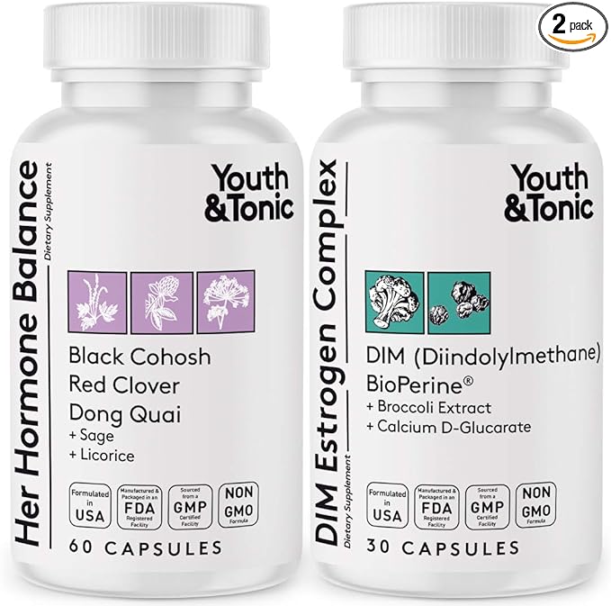 Youth & Tonic Menopause & PMS Support for Women Through Balanced Estrogen Metabolism – 90 Pills with DIM Black Cohosh Red Clover Dong Quai Soy Isoflavones