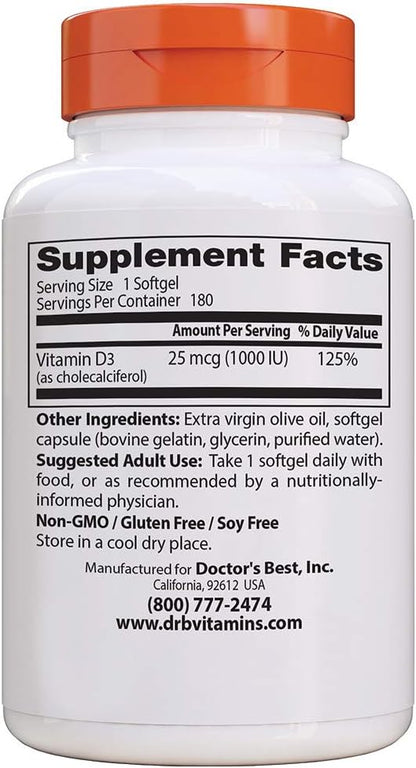 Doctor's Best Best Vitamin D3 1000 IU, Softgel Capsules, 180-Count