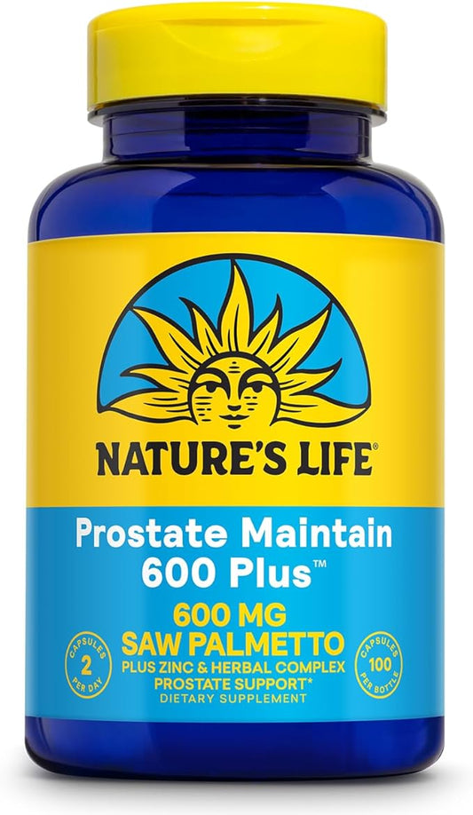 Nature's Life Prostate Maintain 600 Plus - Prostate Support Supplement for Men's Health - Saw Palmetto, Pygeum Herbal Complex and Zinc Supplements - 50 Servings, 100 Vegetarian Capsules