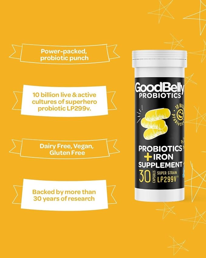 GoodBelly® Probiotic Supplement for Digestive Health & Iron Absorption- Includes 10 Billion Live & Active Cultures of Lactobacillus Plantarum - Vegan Probiotic (30 Capsules per Bottle)