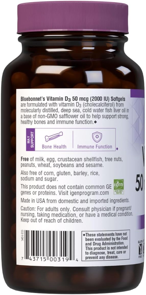 Bluebonnet Nutrition Vitamin D3 2000 IU50 mcg High Potency Immune Support, High Absorption Cold-Water Fish Liver Oil & Plant-Based Non-GMO Safflower Oil, Support Strong Bone, Gluten-Free, 250 Softgels