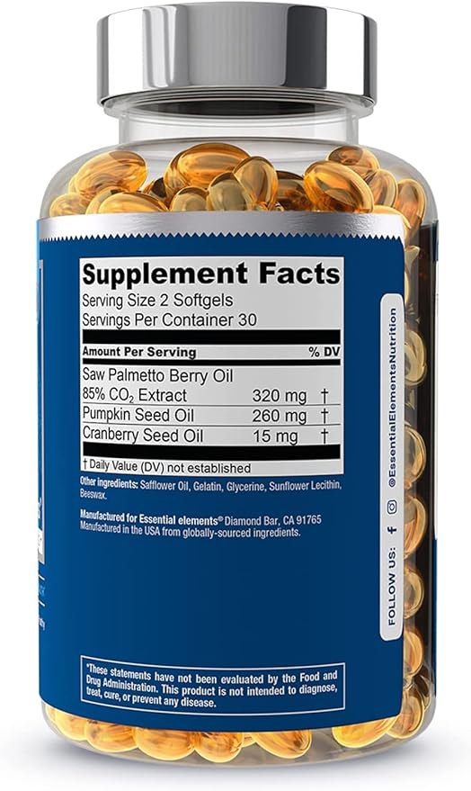 Essential Elements Saw Palmetto Plus - Prostate Health Supplement for Men with Pumpkin and Cranberry Seed Oil | Supports Bladder and Urinary Health 120 Softgels