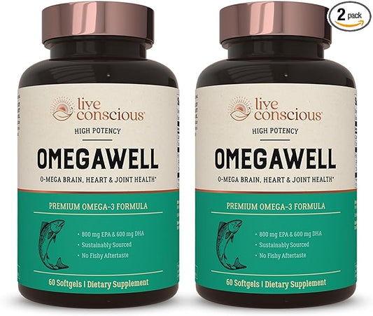 OmegaWell Fish Oil: Heart, Brain, and Joint Support | 800 mg EPA 600 mg DHA - Lemon Flavor, Enteric-Coated, Sustainably Sourced - Easy to Swallow 120 Count (2-Pack)