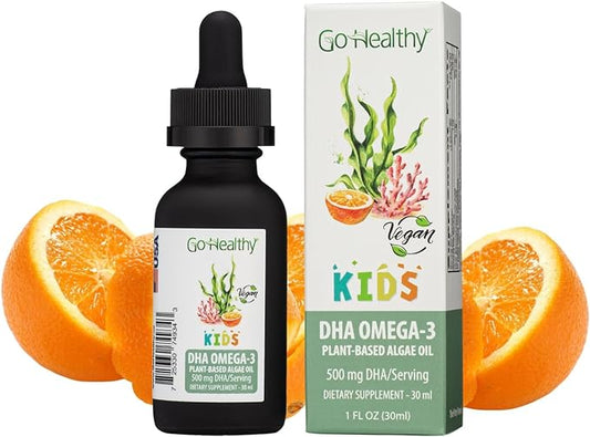 Go Healthy DHA Omega 3 Drops for Kids, Toddlers & Infants - Vegan Fish Oil Alternative Supplement - Just 3 Ingredients, 250 mg-500 mg DHA Per Serving, Organic Orange Flavor, 30-60 Servings