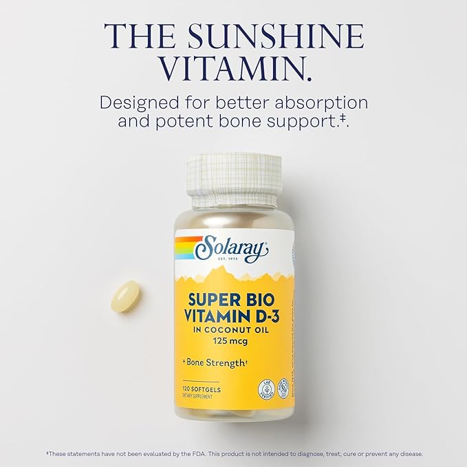 SOLARAY Super Bio Vitamin D3 in Coconut Oil - D3 Vitamin 5000 IU - Bone Health and Immune Support Supplement - Lab Verified, Made Wtihout Soy, 60-Day Guarantee - 120 Softgels, 120 Servings