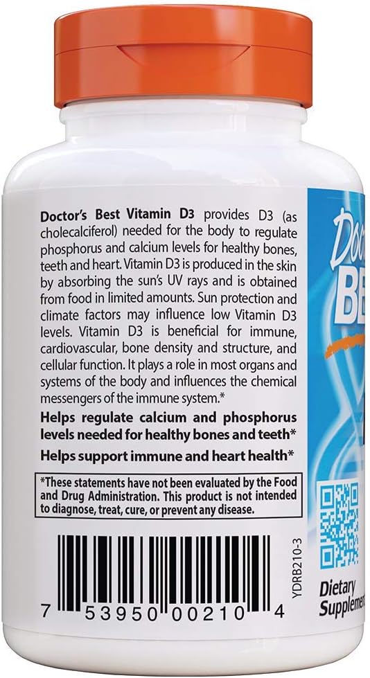 Doctor's Best Vitamin D3 2 000 IU Healthy Bones Teeth Heart Immune Support NonGMO GlutenFree Soy Free , 180 Count