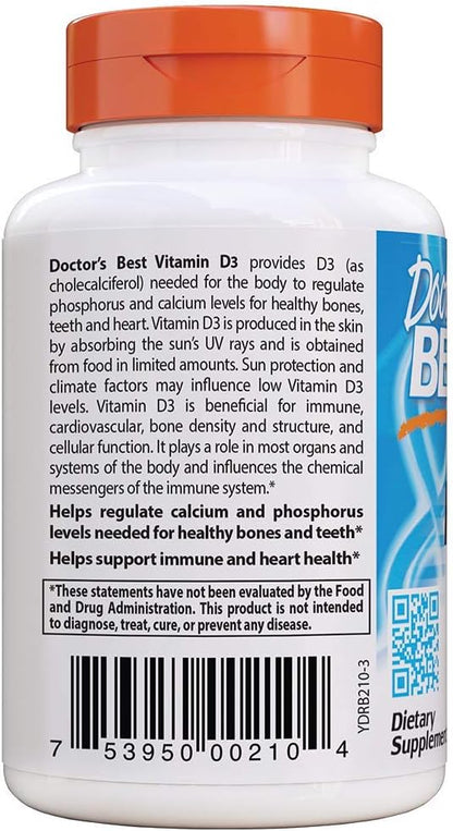 Doctor's Best Vitamin D3 2 000 IU Healthy Bones Teeth Heart Immune Support NonGMO GlutenFree Soy Free , 180 Count