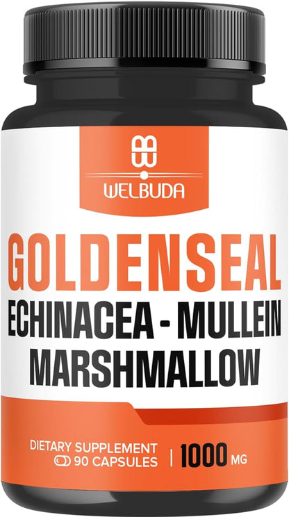 1000mg Goldenseal Root Capsule Extract 10:1 with Echinacea, Mullein Leaf, Marshmallow - Support Immune System, Digestive Health, Overall Well-being & Body Management - 90 Veggie Capsules