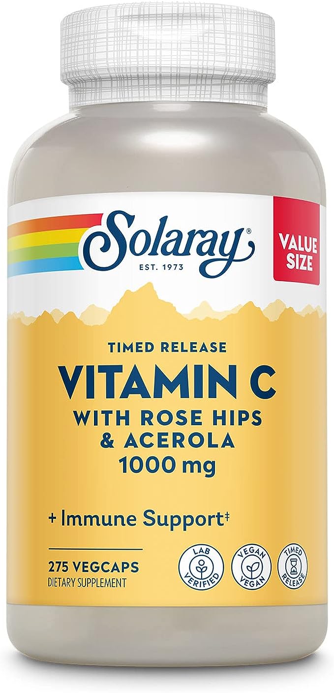 SOLARAY Vitamin C 1000mg Timed Release Capsules with Rose HIPS & Acerola Bioflavonoids, Two-Stage for High Absorption & All Day Immune Function Support, 60 Day Guarantee, 275 Servings, 275 VegCaps