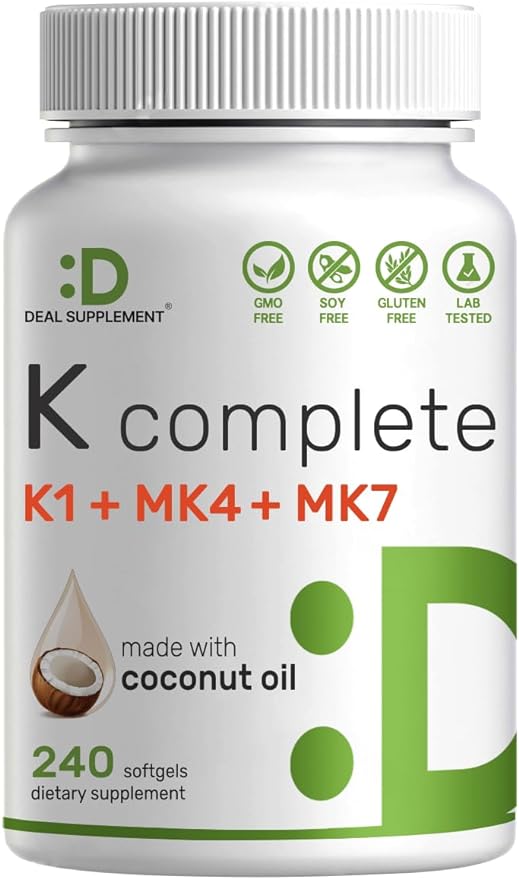 DEAL SUPPLEMENT Premium K Complete - High Potency Vitamin K1, K2 MK-7 & MK-4 Complex, 240 Coconut Oil Infused Softgels - Full Spectrum Triple Vitamin K, Optimal Bone & Heart Health Support