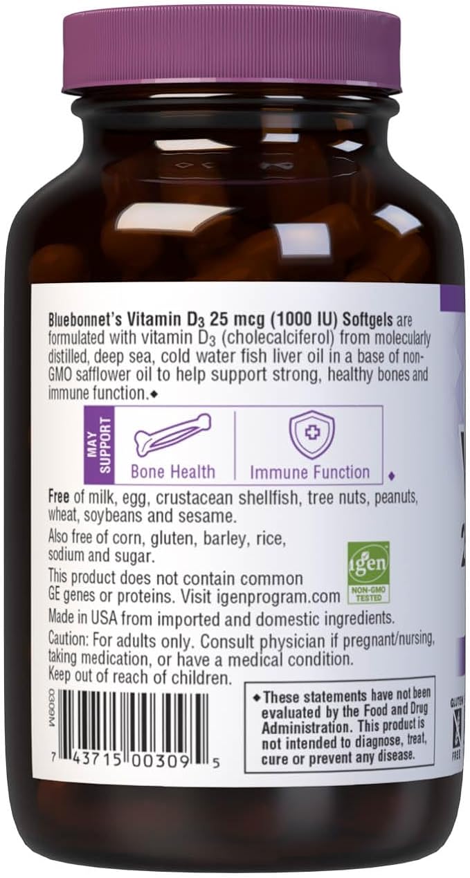 Bluebonnet Nutrition Vitamin D3 1000 IU Softgels, Aids in Muscle and Skeletal Growth, Cholecalciferol from Fish Oil, Non GMO, Gluten Free, Soy Free, Dairy Free, 250 Softgels