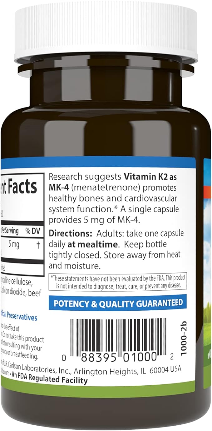 Carlson - Vitamin K2, MK-4 (Menatetrenone), Vitamin K Supplement, Bone & Heart Health, K2 Vitamin, Soy-free, 60 capsules