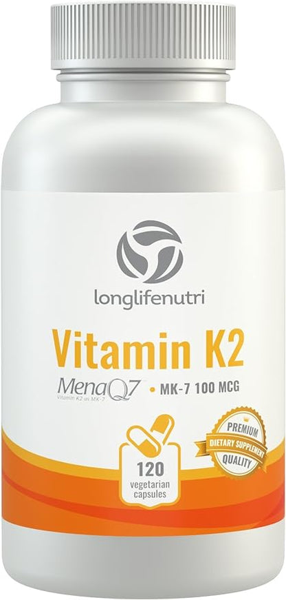 Vitamin K2 MK7 100 Mcg with MenaQ7-120 Veg Caps | from Natto | Heart & Bone Health | Cardiovascular Support | Non-GMO