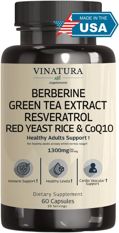 Berberine HCL & Ceylon Cinnamon - Red Yeast Rice & CoQ10 1300mg per Serving *USA Made & Tested* Healthy Levels with Green Tea Extract, Resveratrol, Magnesium, Glycinate, Chromium Picolinate