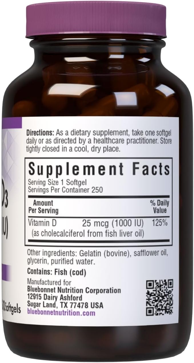 Bluebonnet Nutrition Vitamin D3 1000 IU Softgels, Aids in Muscle and Skeletal Growth, Cholecalciferol from Fish Oil, Non GMO, Gluten Free, Soy Free, Dairy Free, 250 Softgels