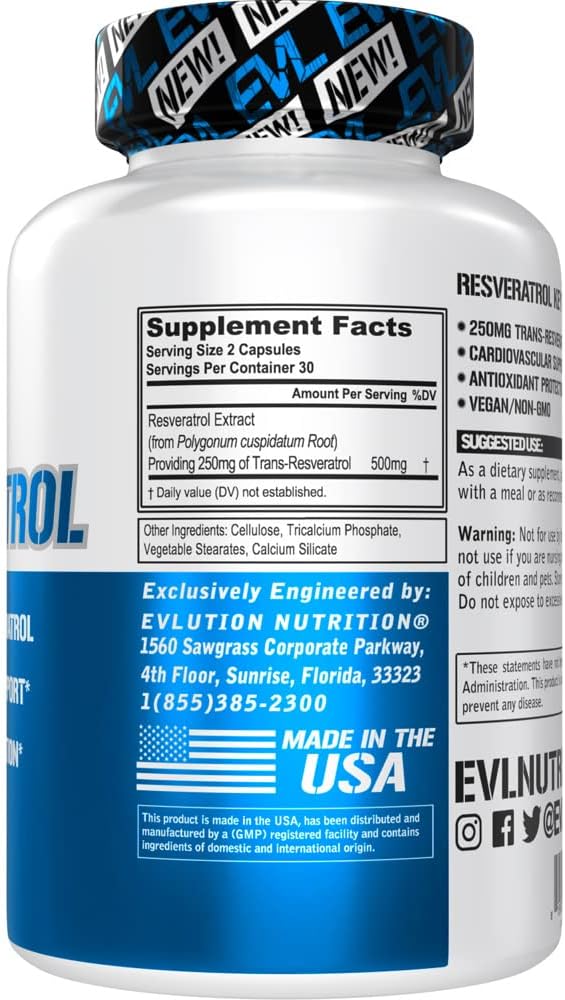 Evlution Anti Aging Trans Resveratrol Supplement Nutrition Super Antioxidant Supplement with 250mg Trans-Resveratrol from Resveratrol 500mg Japanese Knotweed Extract for Immune and Heart Health