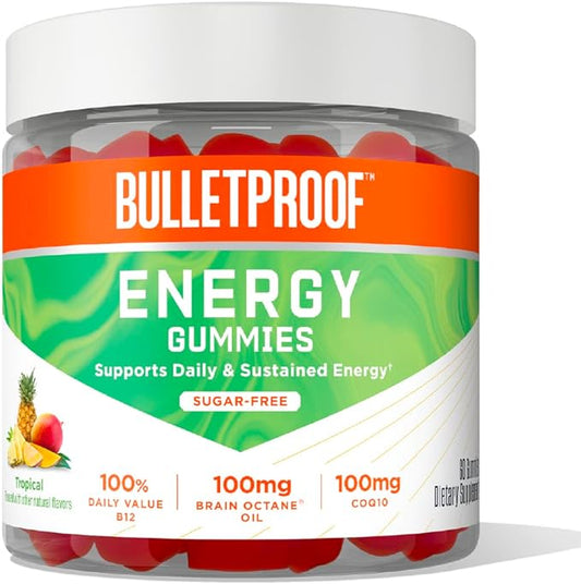 Bulletproof Sugar-Free Tropical Energy Gummies, 60 Count, Supplement for Daily & Sustained Energy with 100mg CoQ10, Daily Value of B12, 100mg Brain Octane Oil