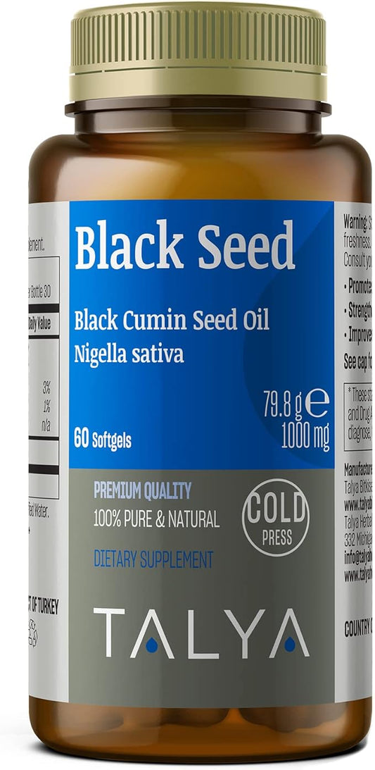 TALYA Black Seed Oil Softgel with High Thymoquinone - Immune Support - Digestive Health - Brain Function - Joint Mobility - Cold-Pressed from Non-GMO Turkish Black Cumin Nigella Sativa Seeds