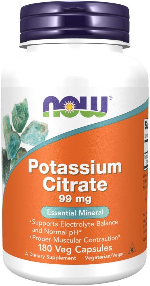 NOW Supplements, Potassium Citrate 99 mg, Supports Electrolyte Balance and Normal pH*, Essential Mineral, 180 Veg Capsules