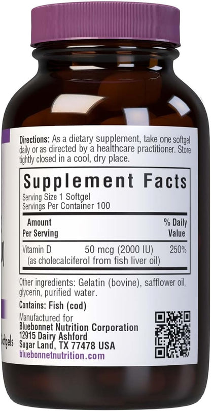 Bluebonnet Vitamin D3 2000 IU Vegetable Capsules, 100 Count (Pack of 1)