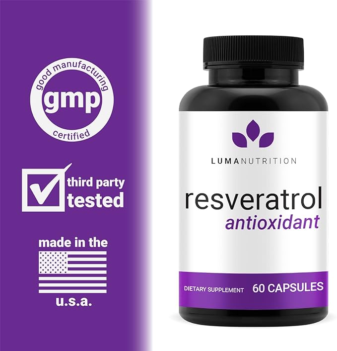 Luma Nutrition High Purity Resveratrol Capsules - 98% Trans-Resveratrol - Reservatrol Supplement - Antioxidant - USA - 60 Capsules