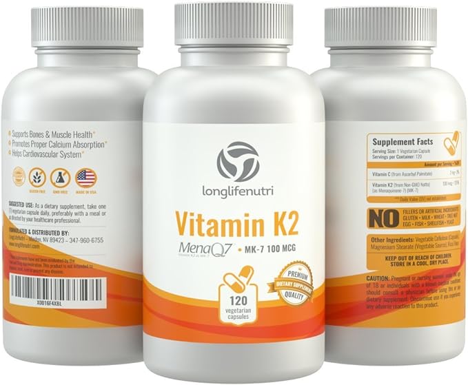 Vitamin K2 MK7 100 Mcg with MenaQ7-120 Veg Caps | from Natto | Heart & Bone Health | Cardiovascular Support | Non-GMO