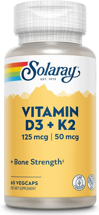 SOLARAY Vitamin D3 K2, K2 D3 Vitamin Supplement for Calcium Absorption, Bone Strength, Cardiovascular & Immune Function Support, Made Without Soy, 60-Day Guarantee, 60 Servings, 60 VegCaps