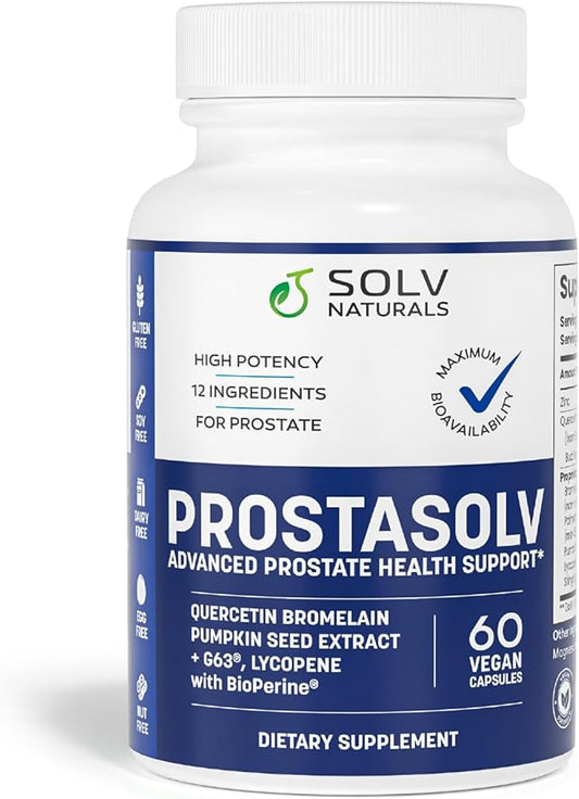 SOLV PROSTASOLV Prostate Support for Men's Health - Urinary & Prostate Health Formula with Quercetin, Bromelain, Beta-Sitosterol, Saw Palmetto for Pelvic & Prostate Comfort -60 Caps