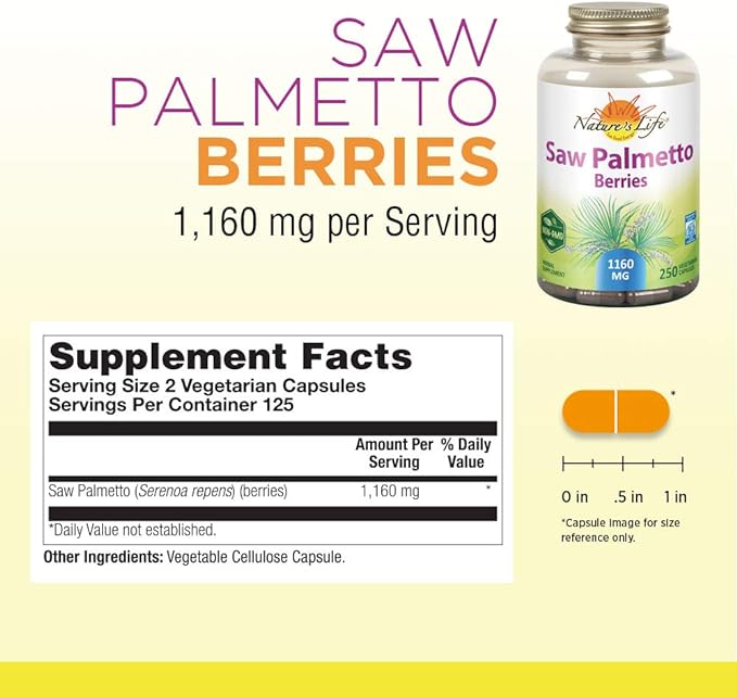 Nature's Life Saw Palmetto Berries 1160 mg | Healthy Prostate, Urination Frequency & Hair Health Support | Non-GMO | 250 Vegetarian Capsules