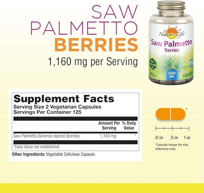 Nature's Life Saw Palmetto Berries 1160 mg | Healthy Prostate, Urination Frequency & Hair Health Support | Non-GMO | 250 Vegetarian Capsules