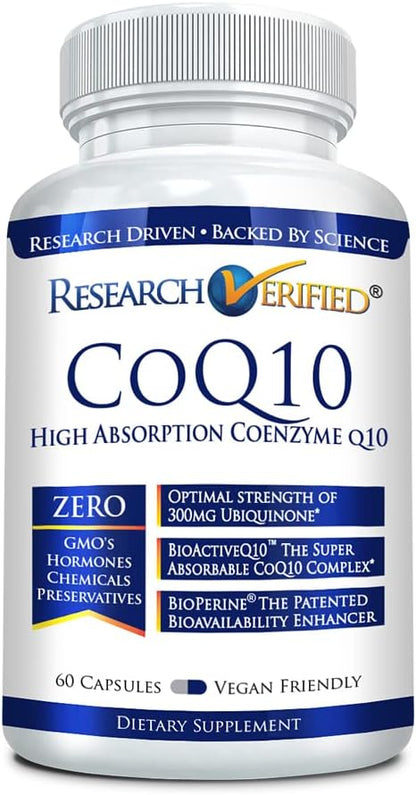 Research Verified CoQ10-100% Pure Extra Strength 300mg CoQ10 – Improved Absorption and Bioavailability with Bioperine - Boost Antioxidant Levels, Improve Cardiovascular Health, 60 Vegan Capsules