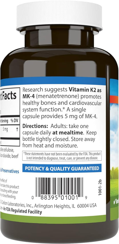 Carlson - Vitamin K2, MK-4 (Menatetrenone), Vitamin K Supplement, Bone & Heart Health, K2 Vitamin, Soy-free, Vitamin K-2, K2 Vitamins, 180 Capsules