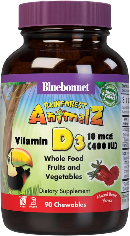 Bluebonnet Nutrition Rainforest Animalz Vitamin D3 400 IU Chewable Tablet, Soy, Dairy & Gluten-Free, Non-GMO, Kosher Certified, Vegetarian Friendly, Natural Mixed Berry Flavor, 90 Count