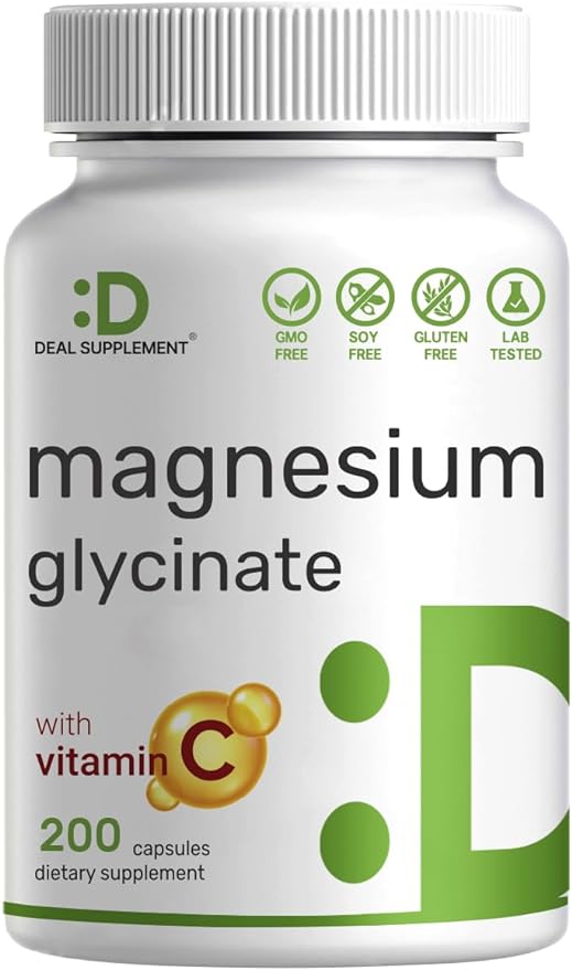 Magnesium Glycinate Plus Vitamin C – 100% Chelated for Absorption – Essential Mineral Supplement for Muscle, Mood, Sleep, & Heart Health