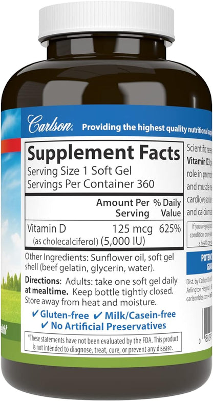 Carlson - Vitamin D3 5000 IU (125 mcg), Bone Health, Muscle Health, Cholecalciferol, Vitamin D Supplements, Vitamin D3 Soft Gels, 360 Softgels