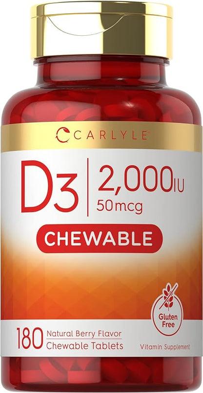 Carlyle Chewable Vitamin D3 2000 IU (50mcg) Tablets | 180 Count | Berry Flavor | Vegetarian, Non-GMO and Gluten Free