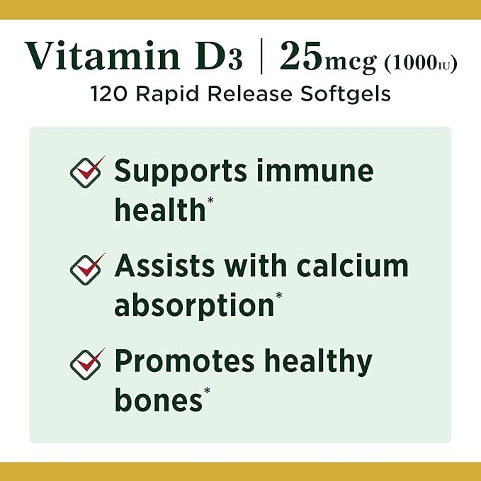 Nature's Bounty Vitamin D3, 1000IU, High Potency, 120 Softgels, Pack of 4