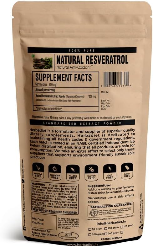 Trans Resveratrol 100% Pure Powder | 250 mg per Serving | Antioxidant Supplement for Heart and Cellular Health, Immune Support | Non-GMO, USP Grade,25 gram (0.88 oz)