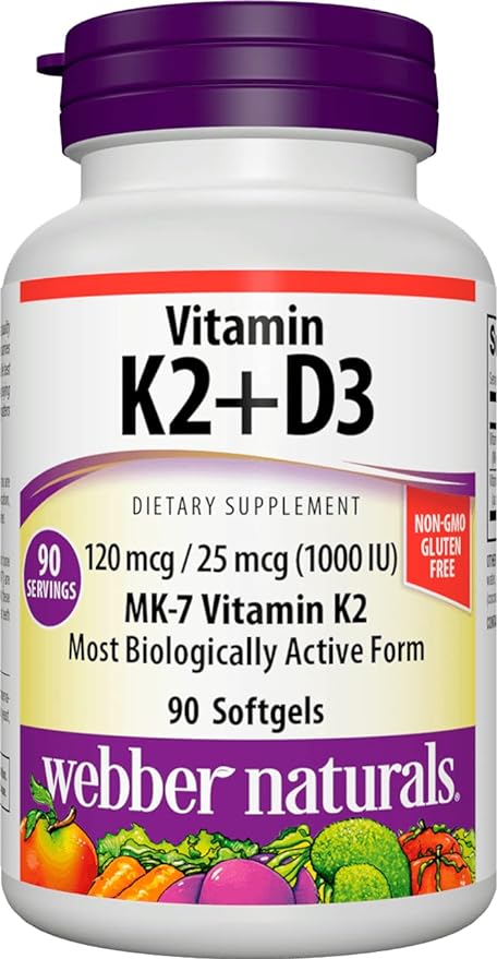 Webber Naturals Vitamin K2 MK-7 (120 mcg) with Vitamin D3 (1,000 IU), 90 Softgels, Supports Bones, Teeth, and Cardiovascular System, Vitamin Supplement, Gluten Free and Non-GMO