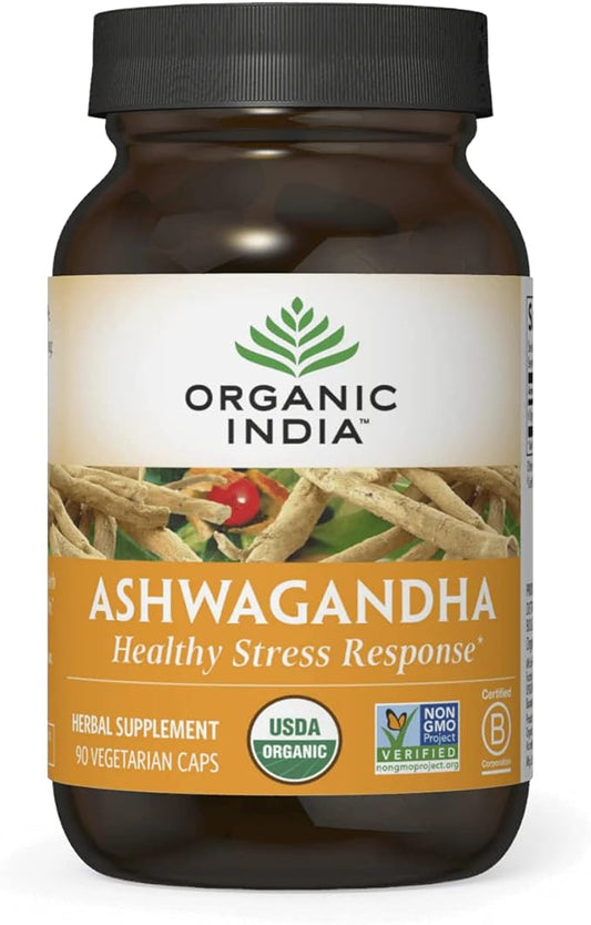 ORGANIC INDIA Ashwagandha Capsules - Organic Ashwagandha Supplement - Vegan Ashwagandha Root, Gluten-Free, Kosher, Non-GMO, Supports Stress Relief, Energy, and Sleep - 90 Capsules