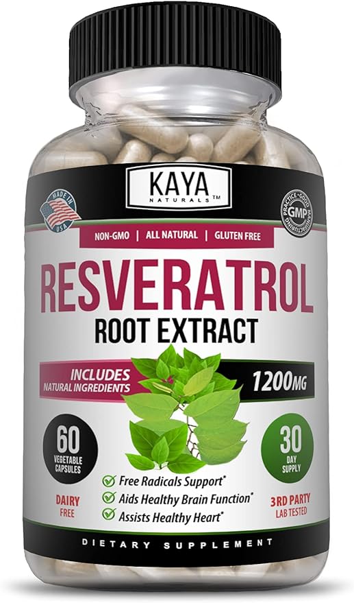 Kaya Naturals - Resveratrol Capsules - Anti Aging Supplement - Antioxidants with Brain Support - Maximum Benefits - 60 Veggies Capsules