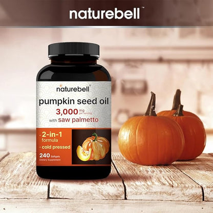 NatureBell Virgin Pumpkin Seed Oil 3,000mg Per Serving with Saw Palmetto, 240 Softgel Capsules | Cold Pressed – Rich in Omega 6 & 9 Essential Fatty Acids – Prostate & Bladder Supplements, Non-GMO