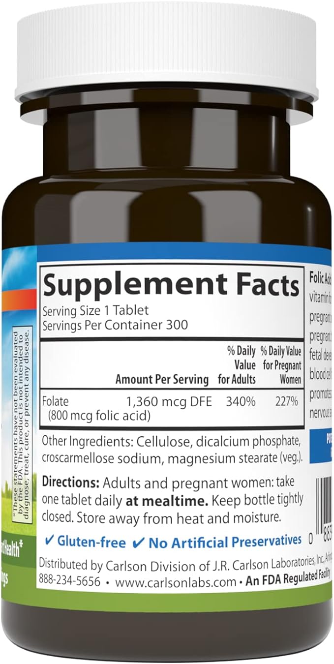 Carlson - Folic Acid, 800 mcg, Provides Important Prenatal Support, 300 tablets