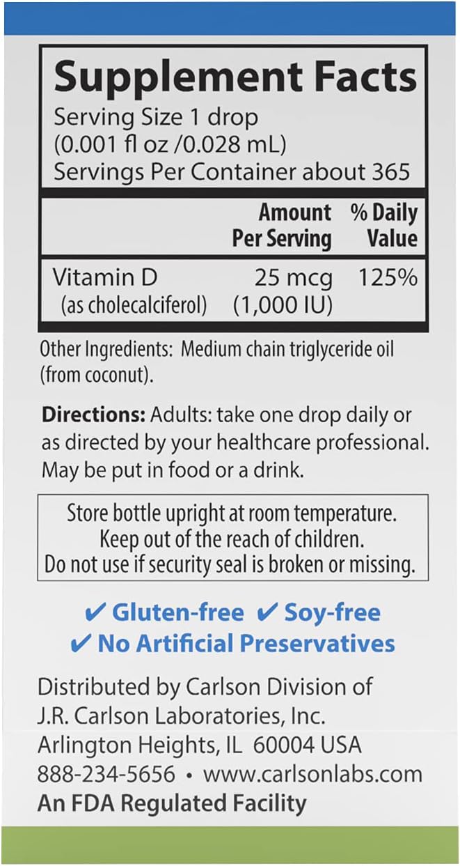 Carlson - Super Daily D3, Vitamin D Drops, 1,000 IU (25 mcg) per Drop, 1-Year Supply, Vitamin D3 Liquid, Heart & Immune Health, Vegetarian, Liquid Vitamin D3 Drops, Unflavored, 365 Drops