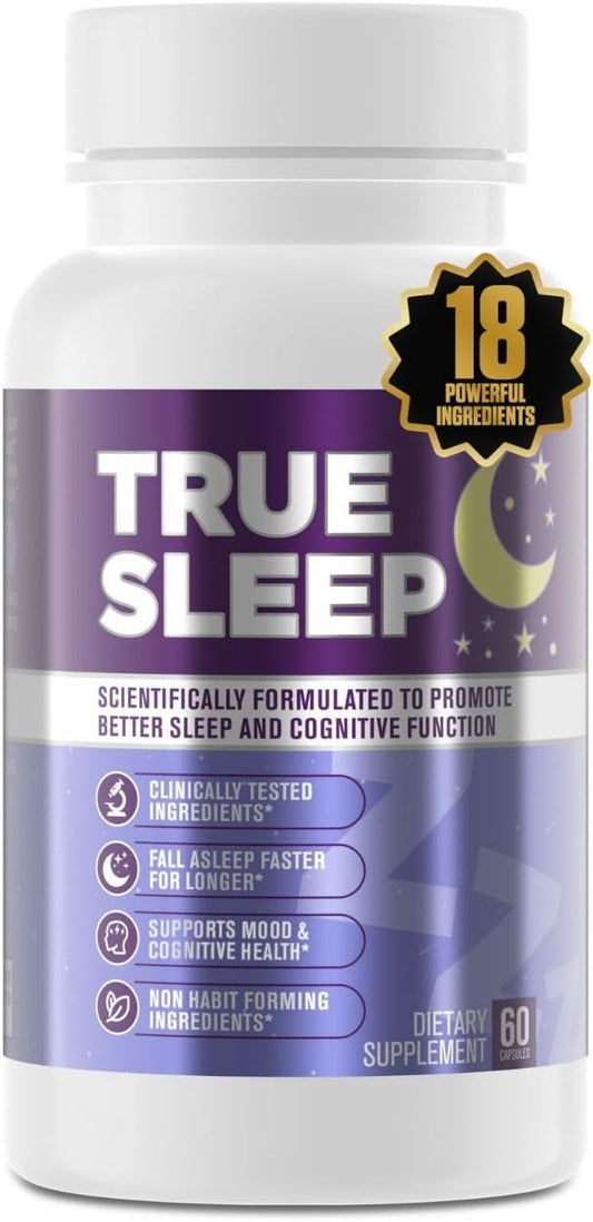 True Sleep | #1 Rated Extra Strength Natural Sleep Aid & Mood Support w/ Melatonin, Ashwagandha, 5-HTP, L-Theanine & More | Cortisol Manager + Non Habit Forming (for Adults) 60 Capsules