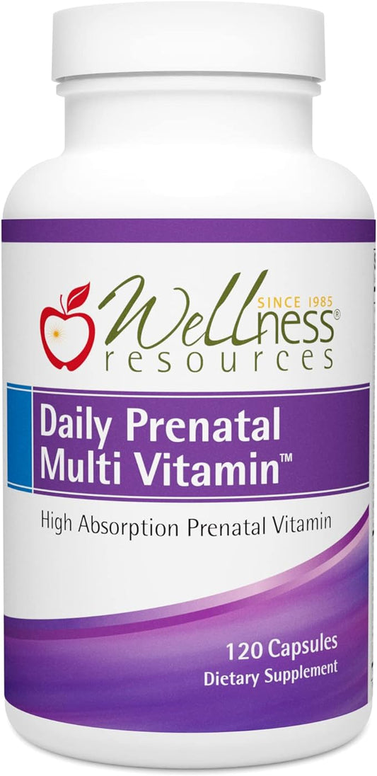 Wellness Resources Daily Prenatal Multi Vitamin - High Absorption Methyl Folate, Coenzyme B Vitamins, Iron Bisglycinate (120 Capsules)