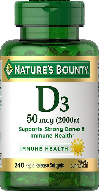 Nature's Bounty Vitamin D3, Immune and Bone Support, Vitamin Supplement, 2000IU, 240 Rapid Release Softgels